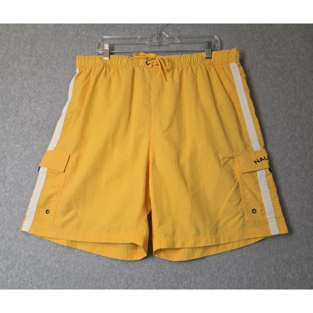 Vintage Nautical Yellow Nylon Elastic Waist Board Shorts Men's XL Pockets